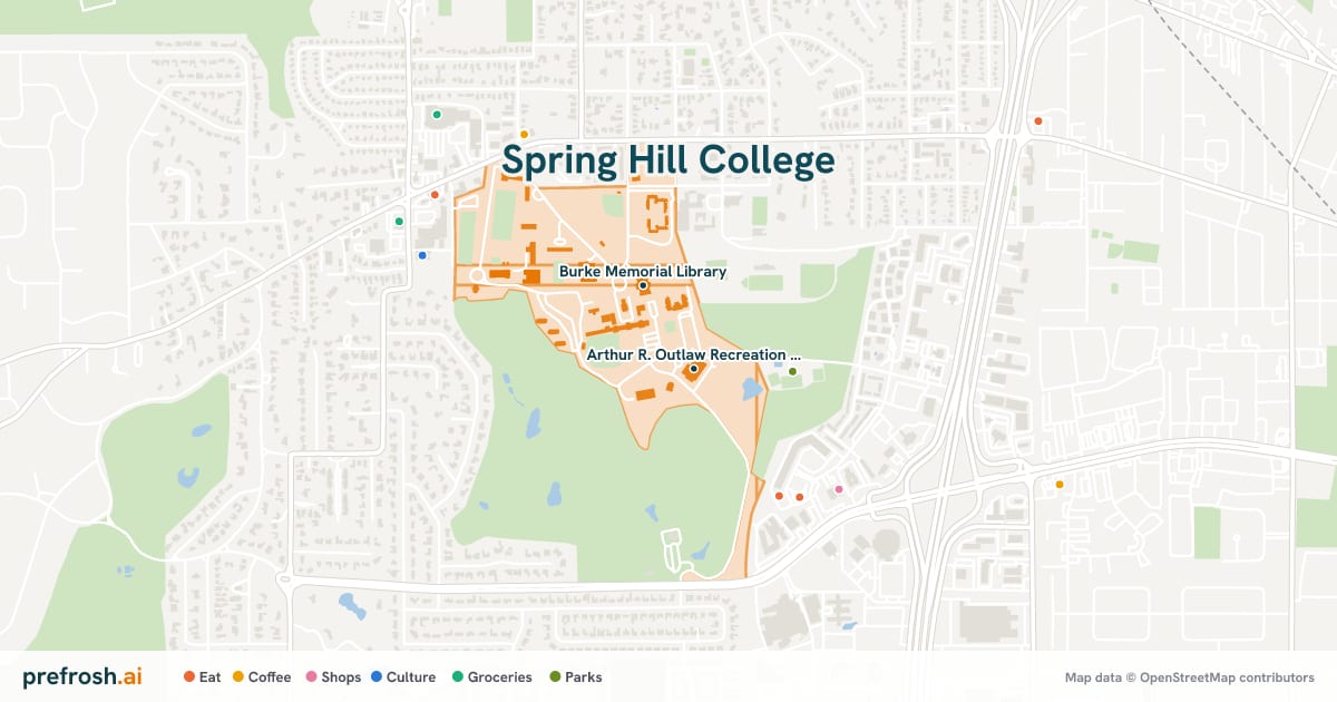 Campus map of Spring Hill College in Mobile, AL, showing Arthur R. Outlaw Recreation Center and Arlene Mitchell Theatre, with nearby restaurants, coffee and shops