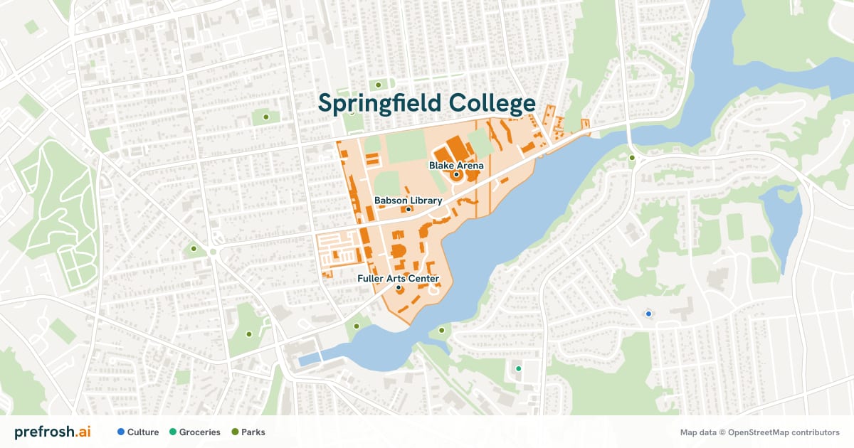 Campus map of Springfield College in Springfield, MA, showing Babson Library, Blake Arena and Fuller Arts Center, with nearby restaurants, coffee and shops