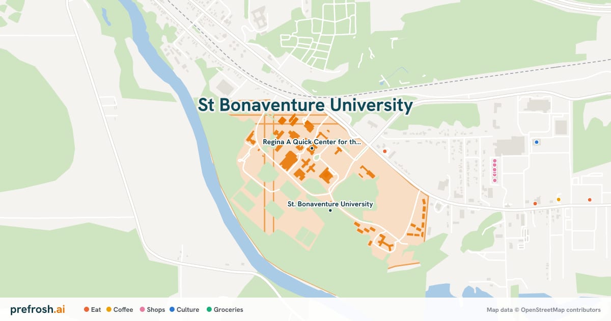 Campus map of St Bonaventure University in Saint Bonaventure, NY, showing Regina A Quick Center for the Arts and Butler Gymnasium, with nearby restaurants, coffee and shops
