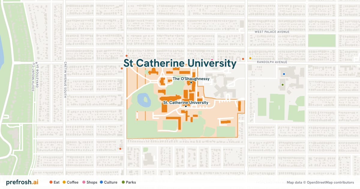 Campus map of St Catherine University in Saint Paul, MN, showing St. Catherine University and The O'Shaughnessy, with nearby restaurants, coffee and shops