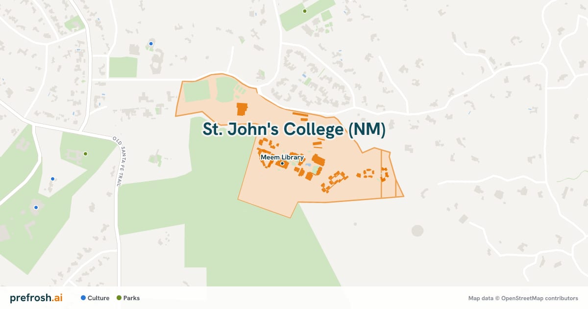 Campus map of St. John's College (NM) in Santa Fe, NM, showing St. John's College, with nearby restaurants, coffee and shops
