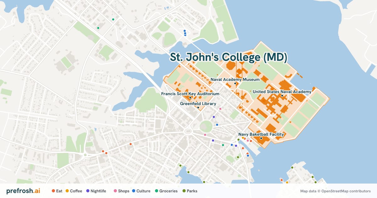 Campus map of St. John's College (MD) in Annapolis, MD, showing Naval Academy Museum, Greenfield Library, Iglehart Hall and Francis Scott Key Auditorium, with nearby restaurants, coffee and shops