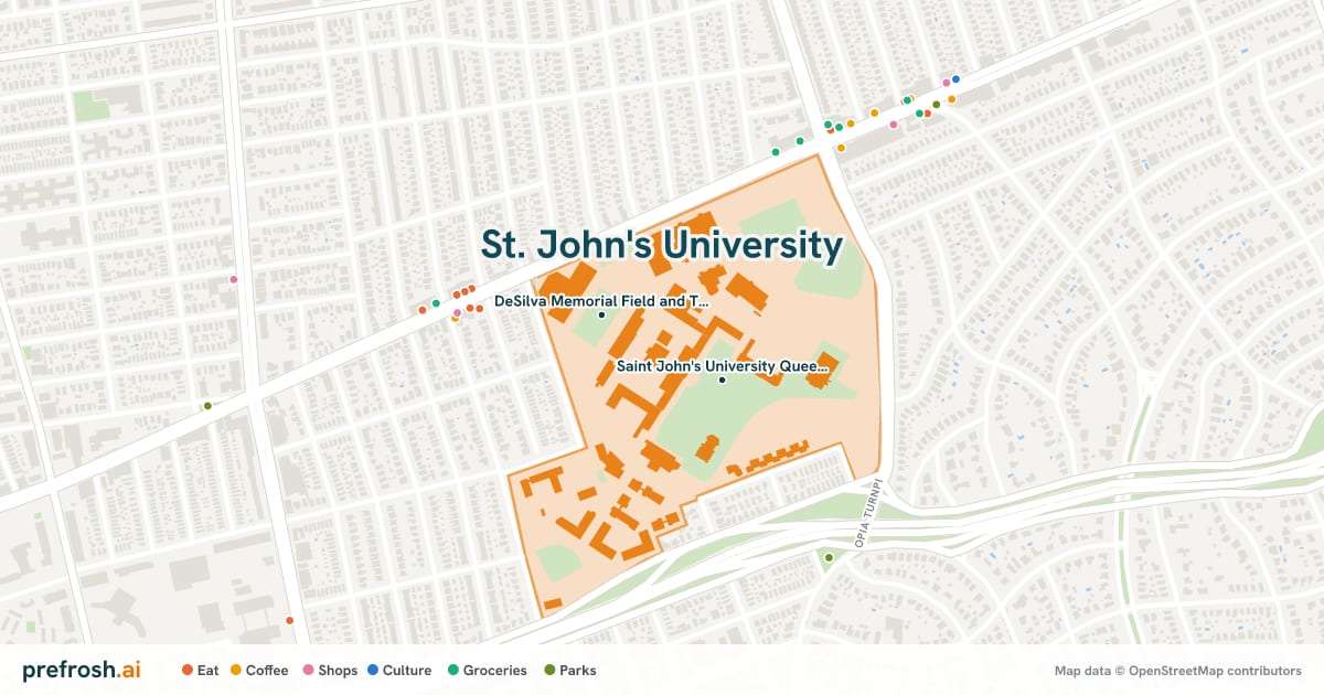 Campus map of St. John's University in Queens, NY, showing Saint John's University Queens Campus and DeSilva Memorial Field and Track, with nearby restaurants, coffee and shops