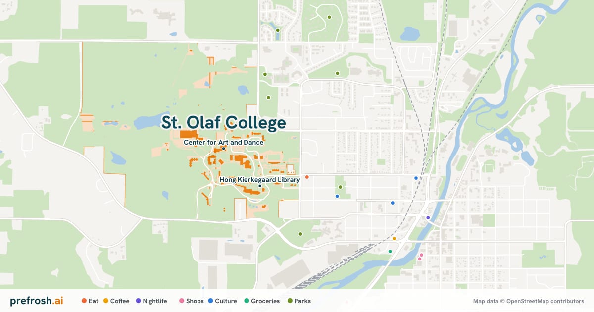 Campus map of St. Olaf College in Northfield, MN, showing Center for Art and Dance and Halvorson Music Library, with nearby restaurants, coffee and shops