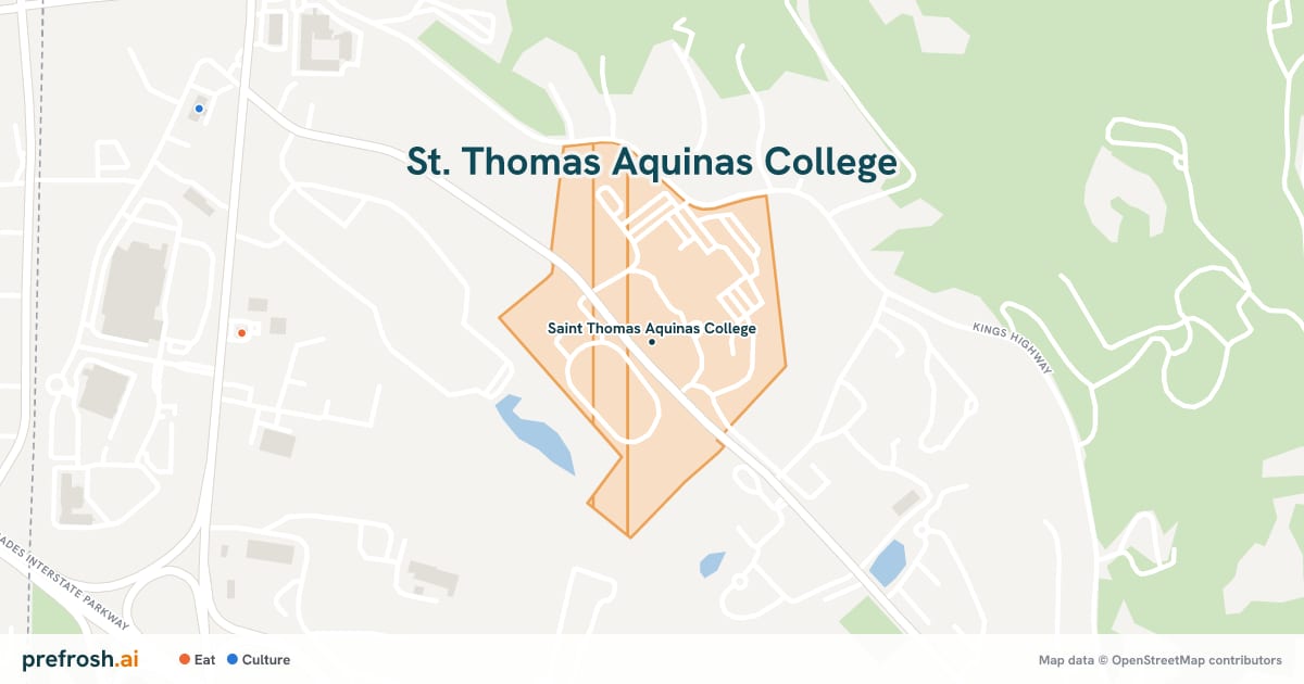 Campus map of St. Thomas Aquinas College in Sparkill, NY, showing Saint Thomas Aquinas College, with nearby restaurants, coffee and shops