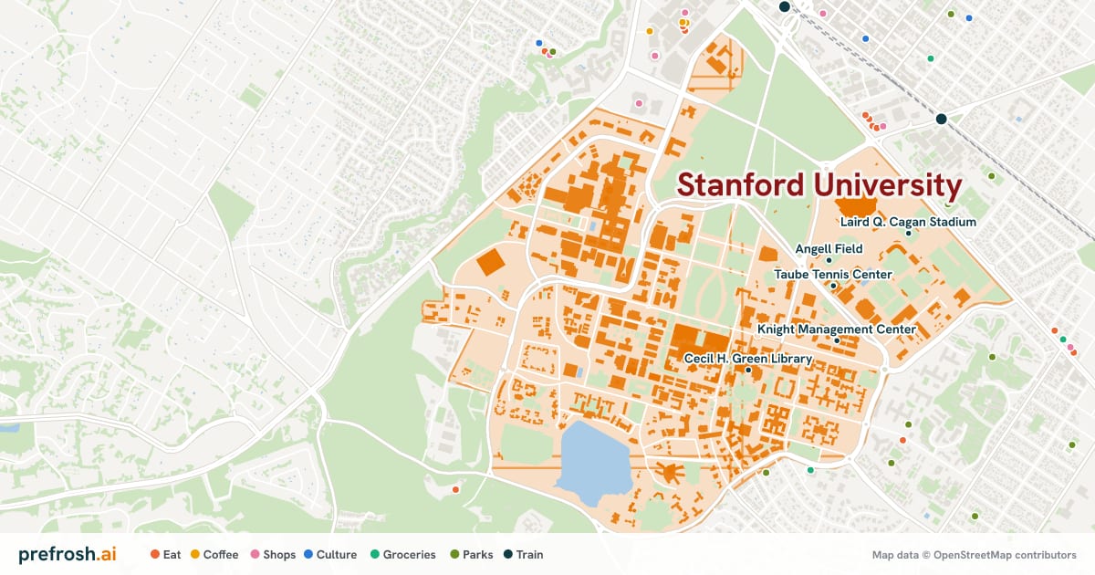 Campus map of Stanford University in Stanford, CA, showing Taube Tennis Center, Angell Field, Knight Management Center and Sunken Diamond Stadium, with nearby restaurants, coffee and shops