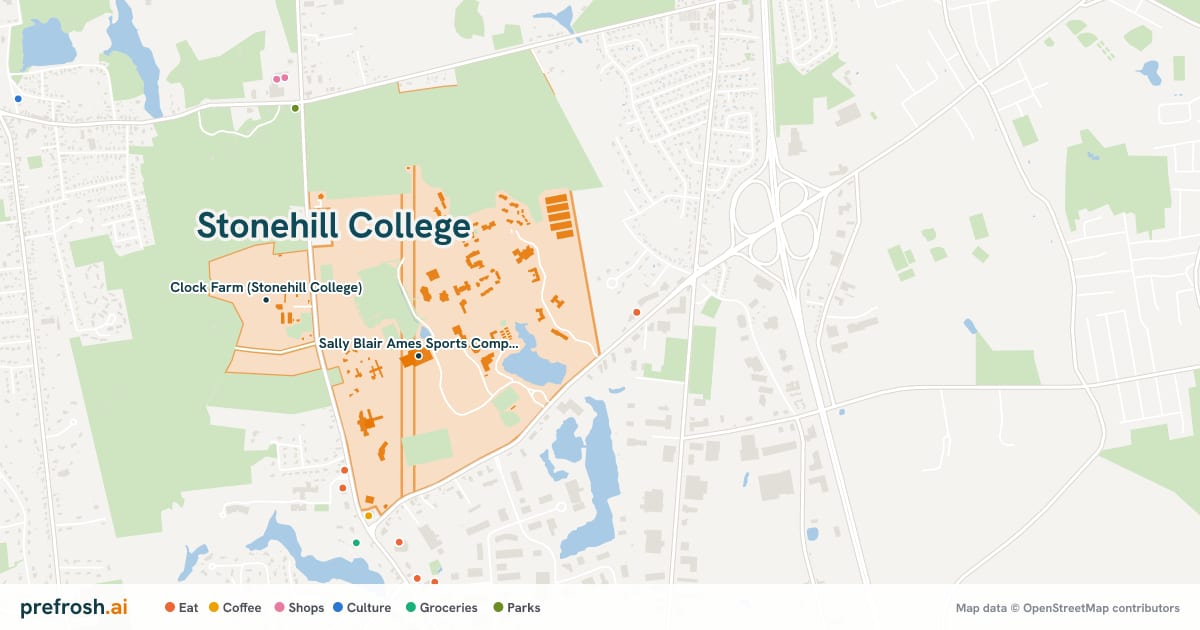 Campus map of Stonehill College in Easton, MA, showing Clock Farm (Stonehill College) and Sally Blair Ames Sports Complex, with nearby restaurants, coffee and shops