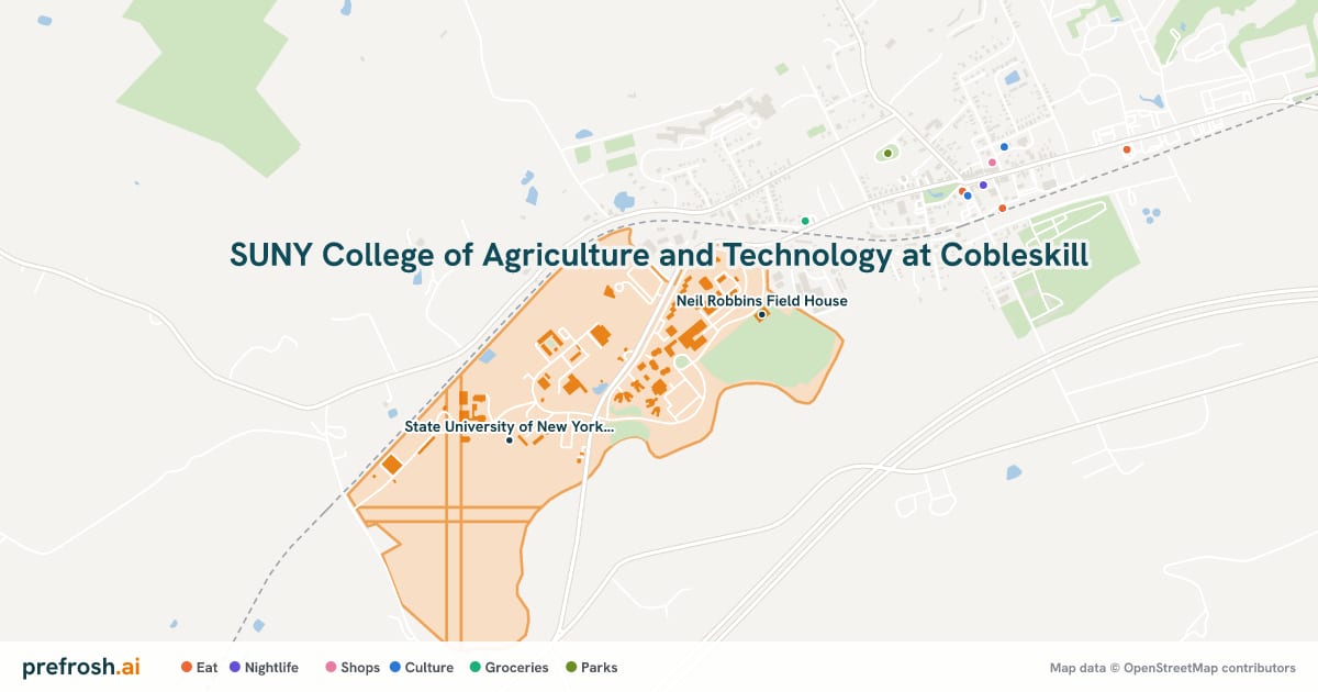 Campus map of SUNY College of Agriculture and Technology at Cobleskill in Cobleskill, NY, showing Van Wagenen Library and Neil Robbins Field House, with nearby restaurants, coffee and shops