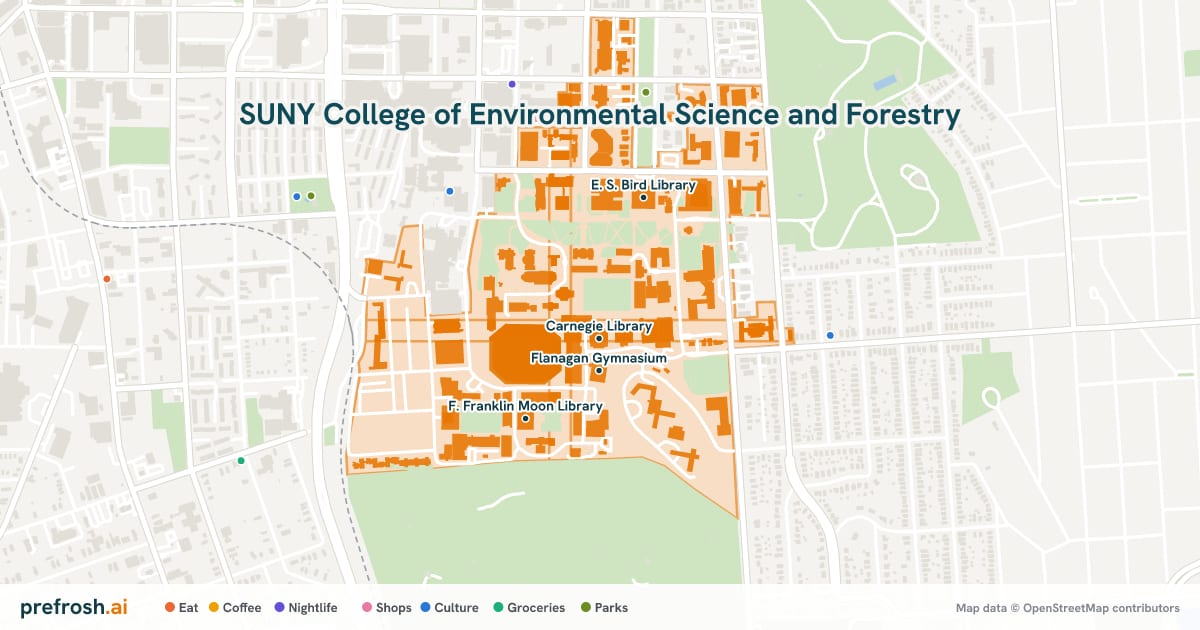 Campus map of SUNY College of Environmental Science and Forestry in Syracuse, NY, showing Carnegie Library, Lowe Art Gallery, Flanagan Gymnasium and JMA Wireless Dome, with nearby restaurants, coffee and shops