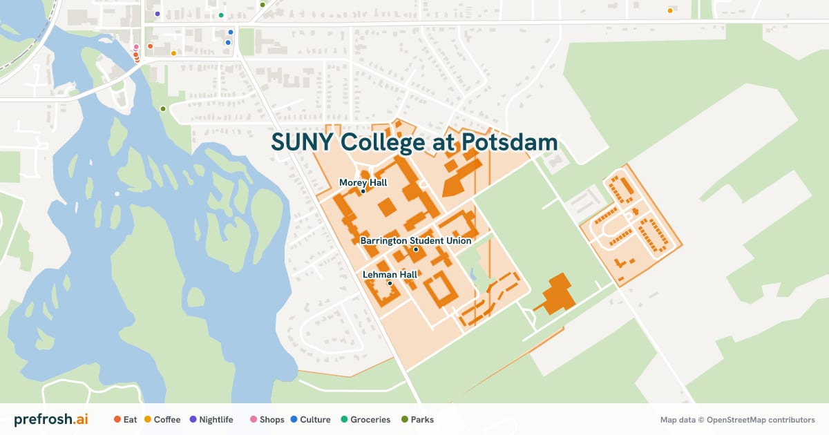 Campus map of SUNY College at Potsdam in Potsdam, NY, showing Barrington Student Union, Kellas Hall and Morey Hall, with nearby restaurants, coffee and shops