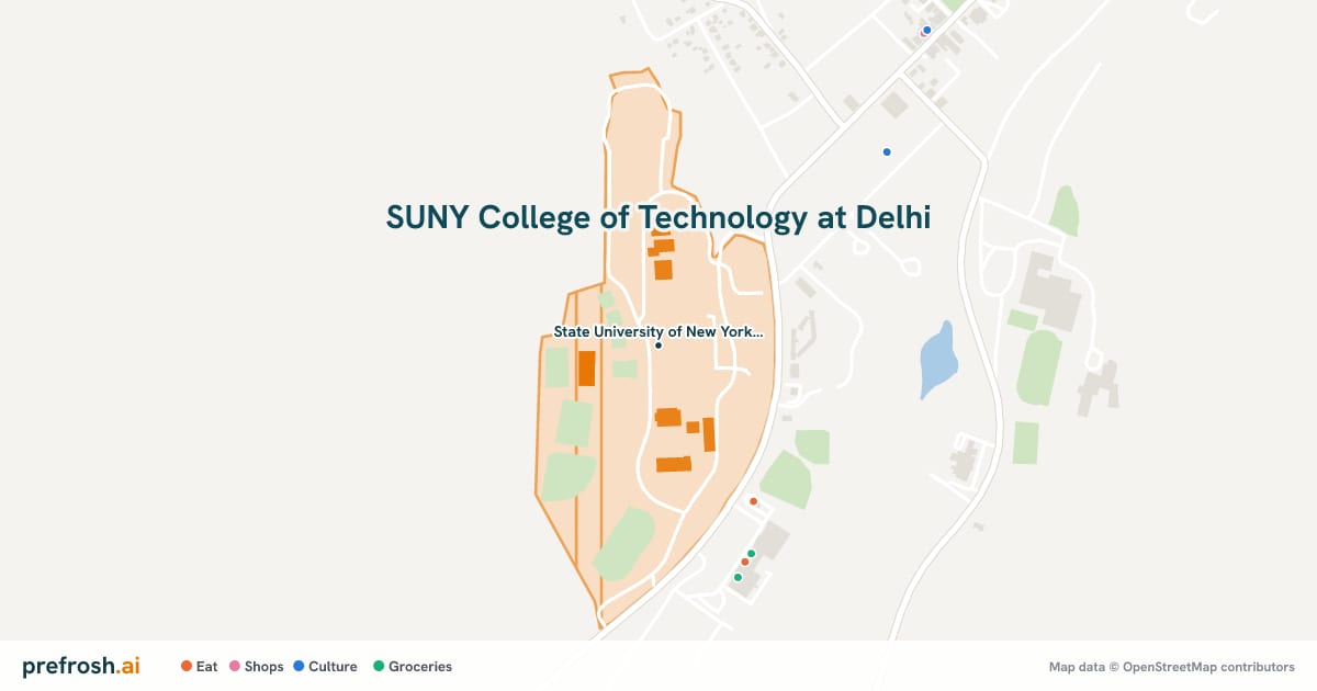 Campus map of SUNY College of Technology at Delhi in Delhi, NY, showing State University of New York Delhi, with nearby restaurants, coffee and shops