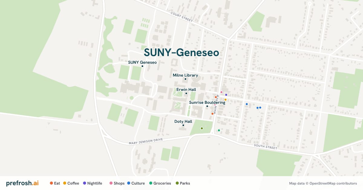 Campus map of SUNY–Geneseo in Geneseo, NY, showing Erwin Hall, Wadsworth Auditorium, Milne Library and Sunrise Bouldering, with nearby restaurants, coffee and shops