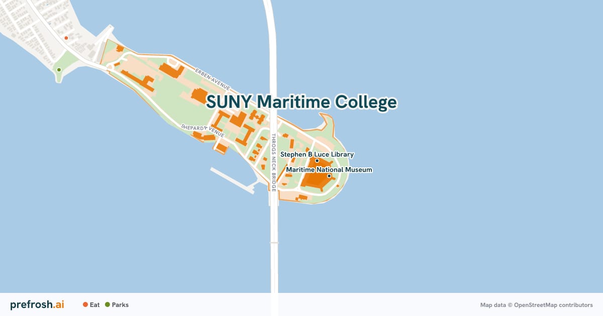 Campus map of SUNY Maritime College in Throggs Neck, NY, showing Stephen B Luce Library and Fort Schuyler, with nearby restaurants, coffee and shops
