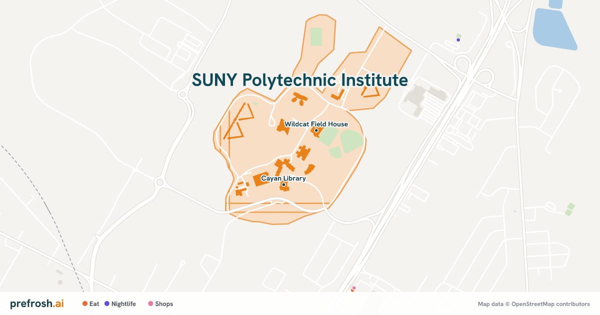 Campus map of SUNY Polytechnic Institute in Utica, NY, showing Wildcat Field House and Cayan Library, with nearby restaurants, coffee and shops