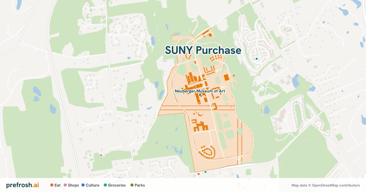 Campus map of SUNY Purchase in Purchase, NY, showing Neuberger Museum of Art, with nearby restaurants, coffee and shops