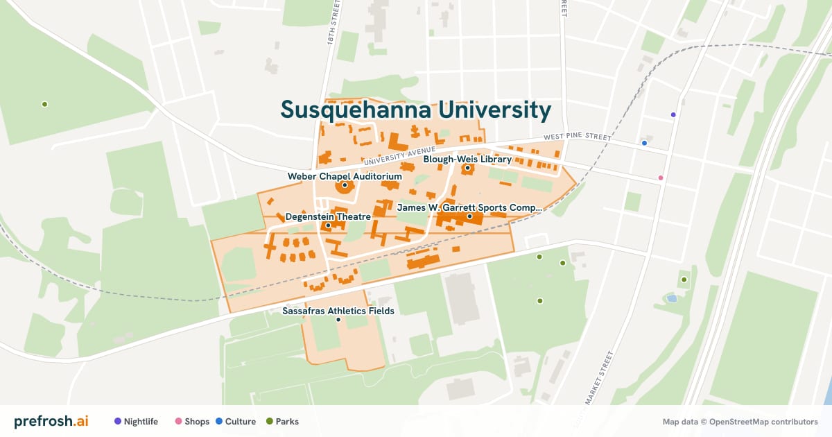 Campus map of Susquehanna University in Selinsgrove, PA, showing James W. Garrett Sports Complex, Blough-Weis Library, Weber Chapel Auditorium and Arthur Stadium, with nearby restaurants, coffee and shops