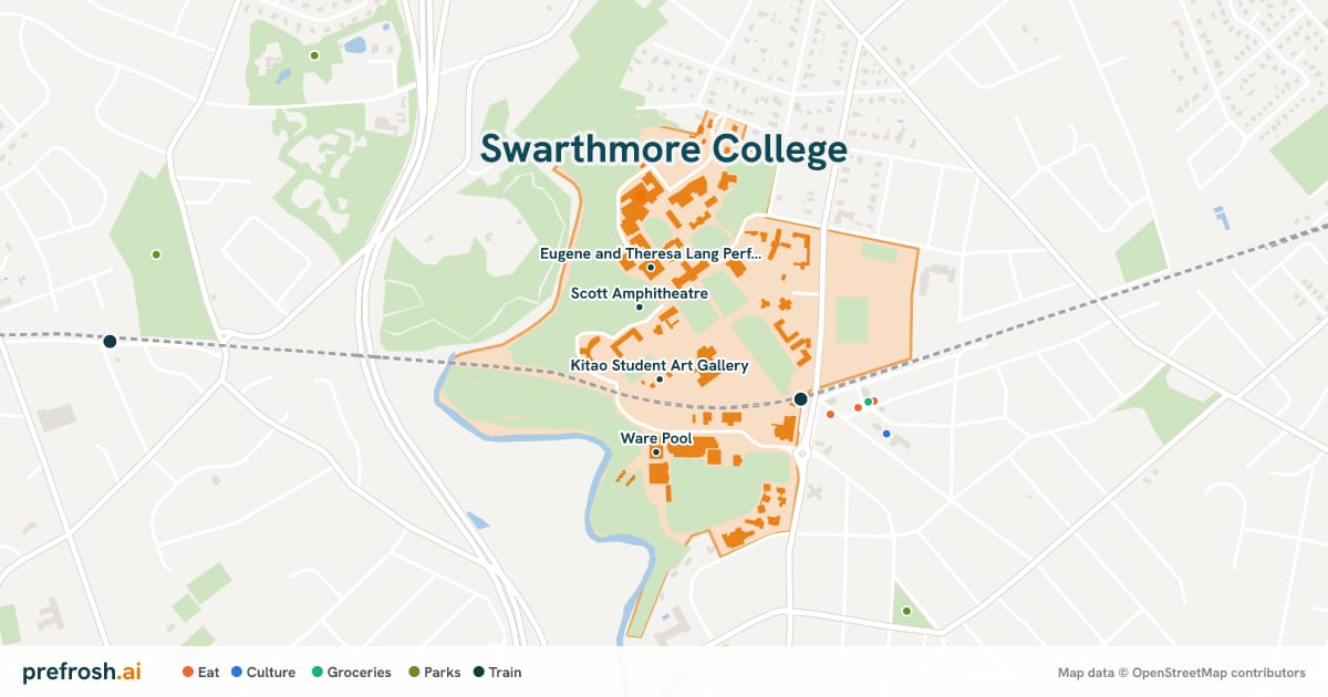 Campus map of Swarthmore College in Swarthmore, PA, showing Kitao Student Art Gallery, Arthur Hoyt Scott Amphitheature, Scott Amphitheatre and Eugene and Theresa Lang Performing Arts Center, with nearby restaurants, coffee and shops