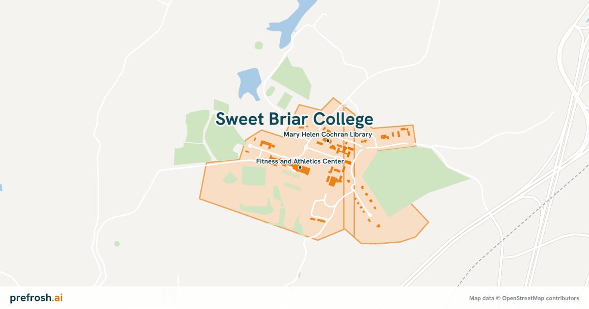 Campus map of Sweet Briar College in Sweet Briar, VA, showing Fitness and Athletics Center and Prothro Natatorium, with nearby restaurants, coffee and shops