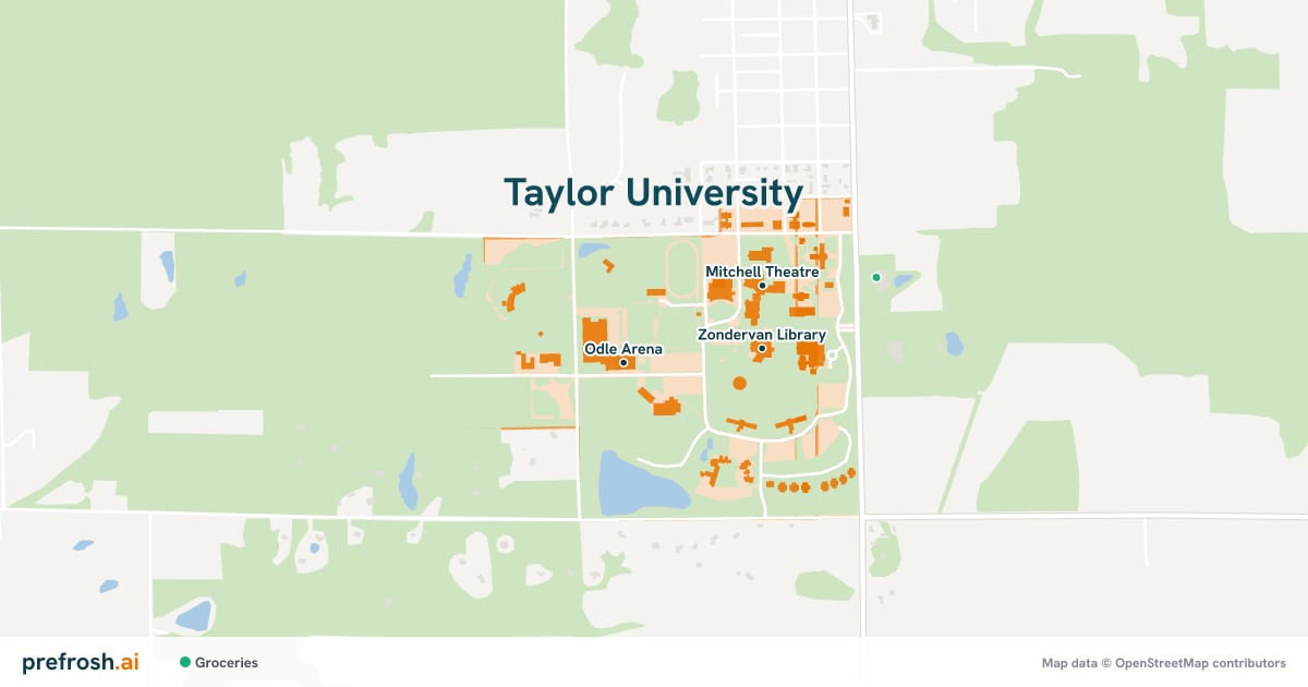 Campus map of Taylor University in Upland, IN, showing Odle Arena, Kesler Student Activities Center and Fieldhouse, with nearby restaurants, coffee and shops