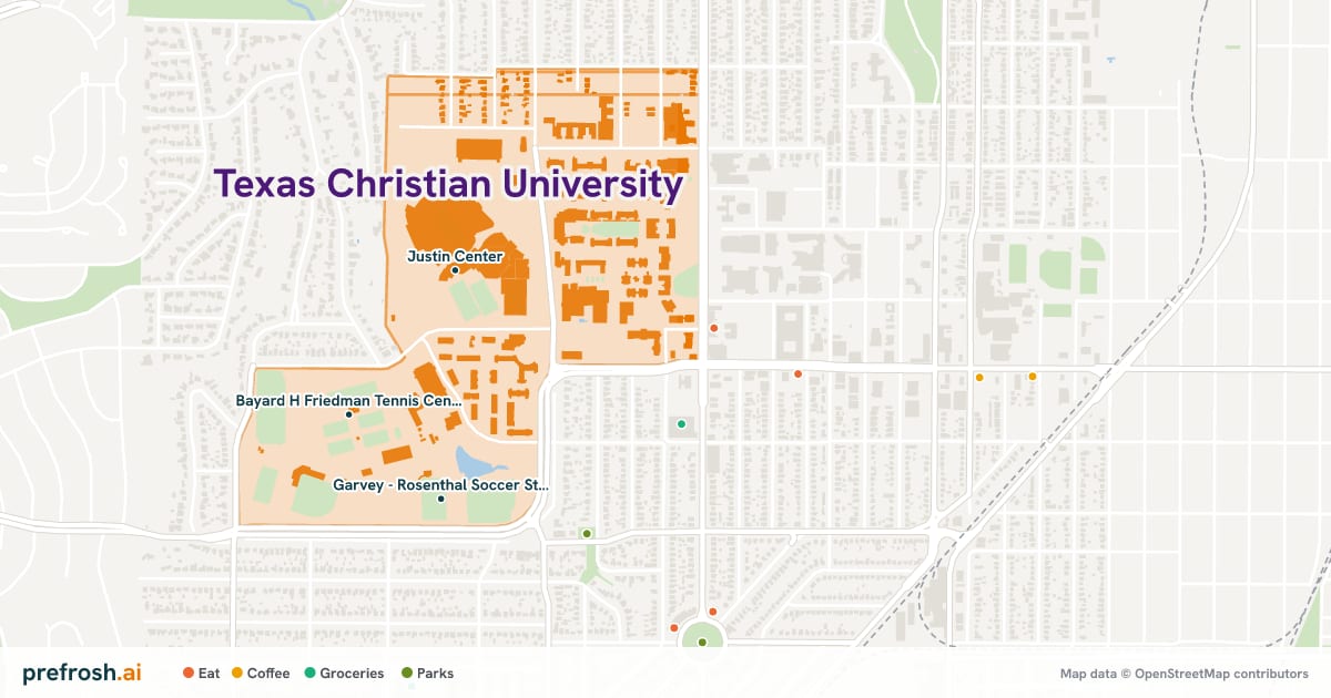 Campus map of Texas Christian University in Fort Worth, TX, showing Justin Center, Meyer-Martin Complex and Ed and Rae Schollmaier Arena, with nearby restaurants, coffee and shops