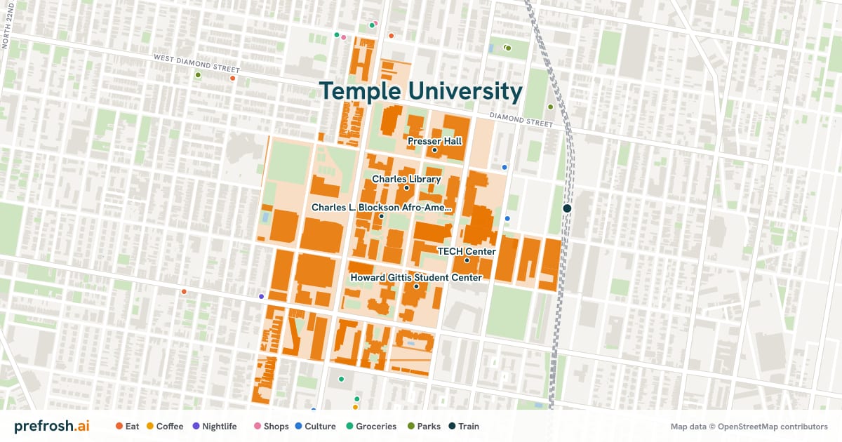 Campus map of Temple University in Philadelphia, PA, showing Charles Library, Charles L. Blockson Afro-American Collection, TECH Center and Howard Gittis Student Center, with nearby restaurants, coffee and shops