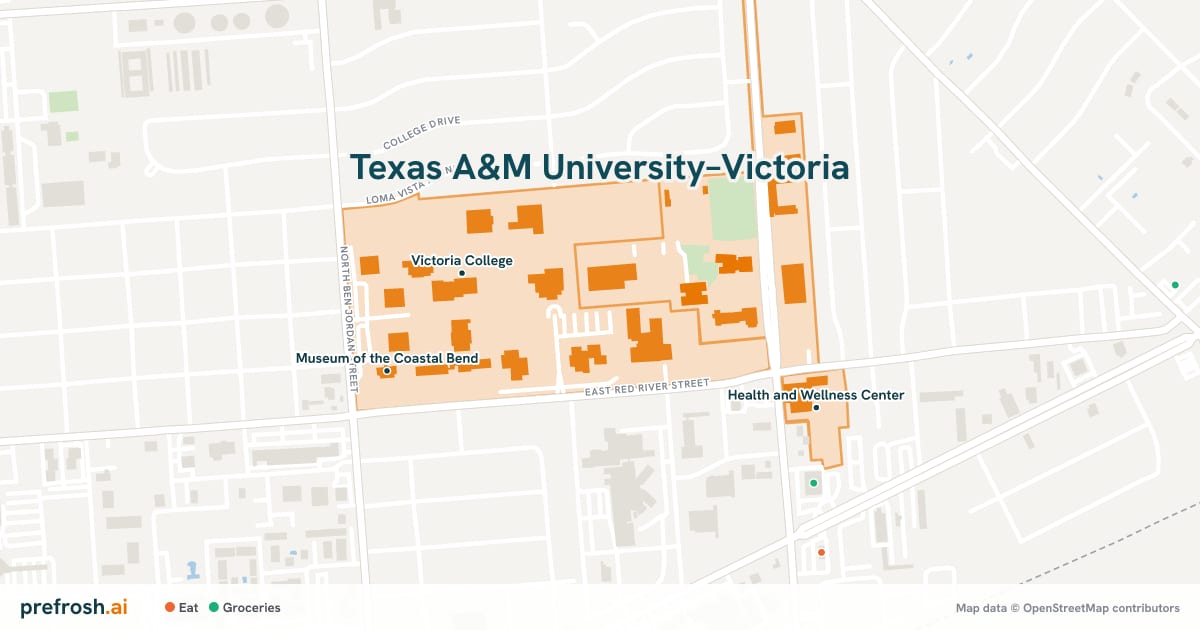 Campus map of Texas A&M University–Victoria in Victoria, TX, showing Victoria College, Texas A&M University-Victoria and Museum of the Coastal Bend, with nearby restaurants, coffee and shops