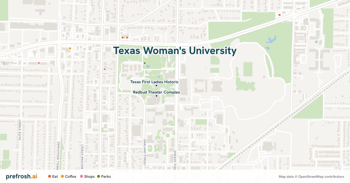 Campus map of Texas Woman's University in Denton, TX, showing Redbud Theater Complex and Texas First Ladies Historic Costume Collection Museum, with nearby restaurants, coffee and shops