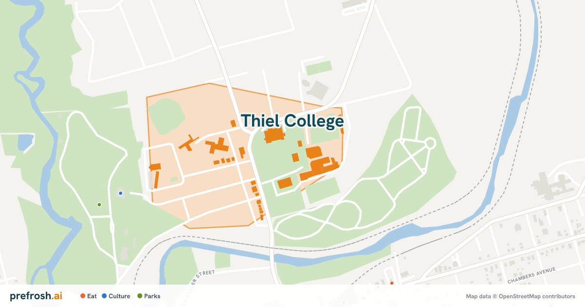 Campus map of Thiel College in Greenville, PA, with nearby restaurants, coffee and shops