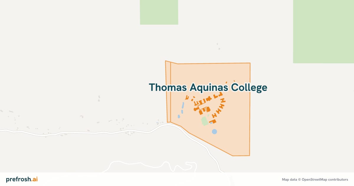 Campus map of Thomas Aquinas College in Santa Paula, CA, showing St Thomas Aquinas College, with nearby restaurants, coffee and shops