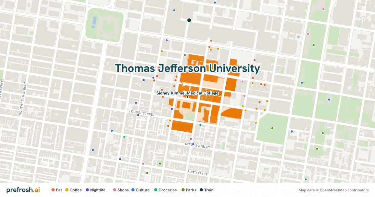 Campus map of Thomas Jefferson University in Philadelphia, PA, showing Sidney Kimmel Medical College, with nearby restaurants, coffee and shops