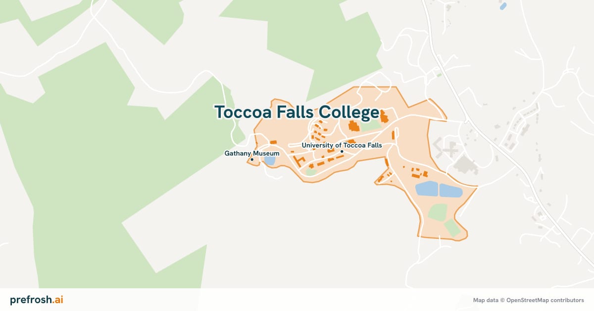 Campus map of Toccoa Falls College in Toccoa Falls, GA, showing University of Toccoa Falls and Gathany Museum, with nearby restaurants, coffee and shops