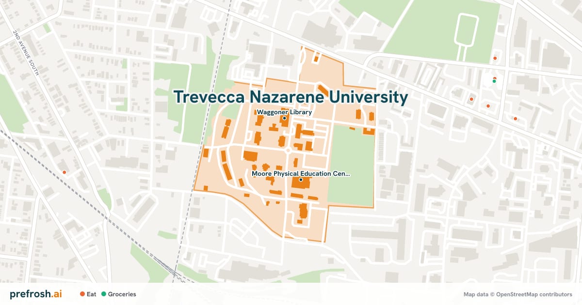 Campus map of Trevecca Nazarene University in Nashville, TN, showing Moore Physical Education Center and Waggoner Library, with nearby restaurants, coffee and shops