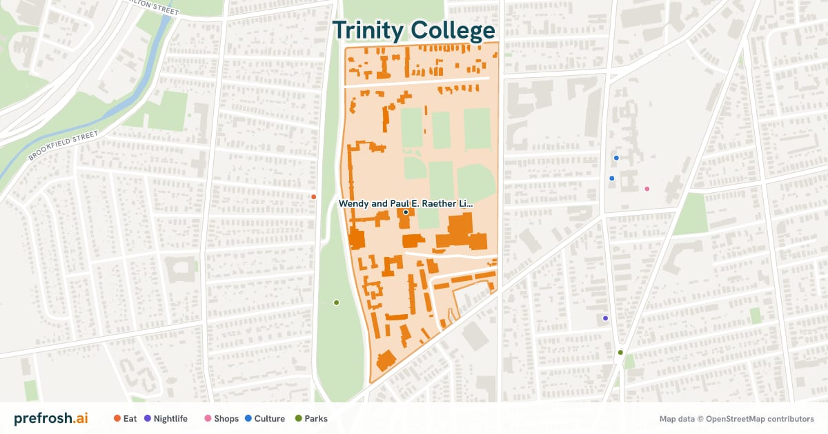 Campus map of Trinity College in Hartford, CT, showing Wendy and Paul E. Raether Library and Information Technology Center, with nearby restaurants, coffee and shops
