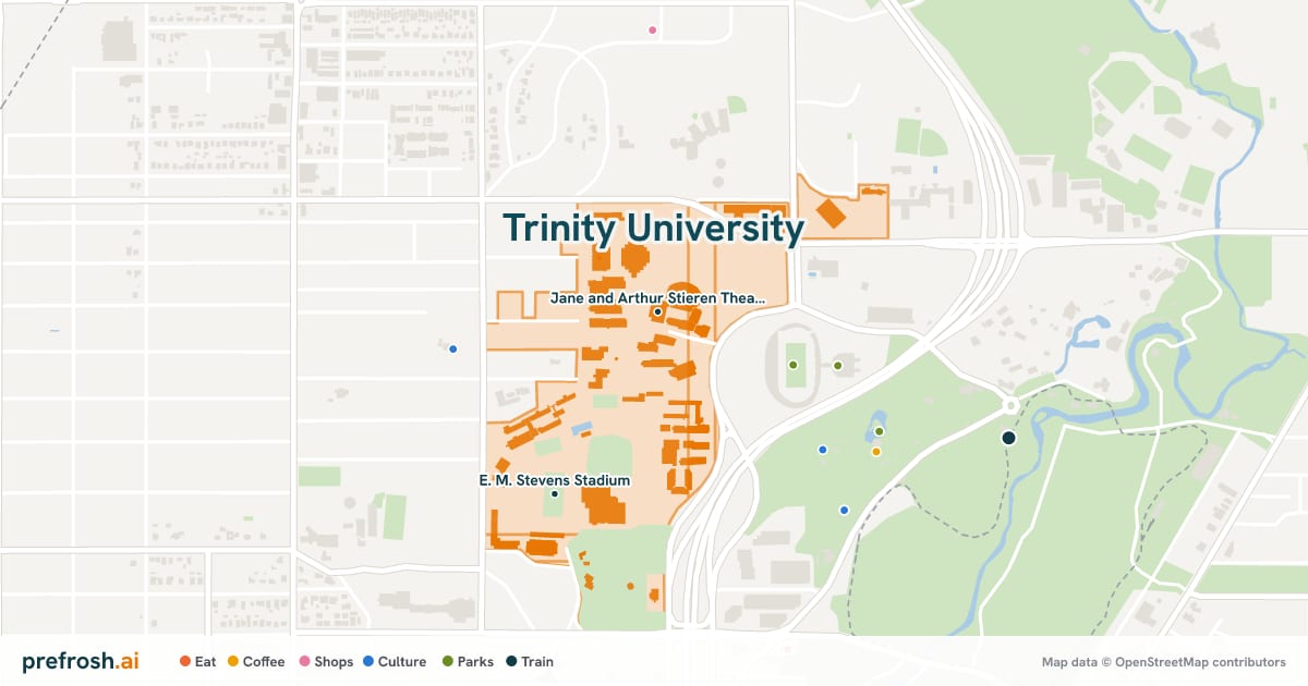 Campus map of Trinity University in San Antonio, TX, showing Jane and Arthur Stieren Theater and Campbell and Eloise Smith Music Center, with nearby restaurants, coffee and shops