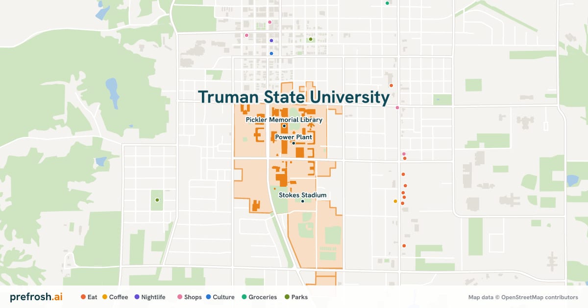 Campus map of Truman State University in Kirksville, MO, showing Power Plant, Pickler Memorial Library and Stokes Stadium, with nearby restaurants, coffee and shops