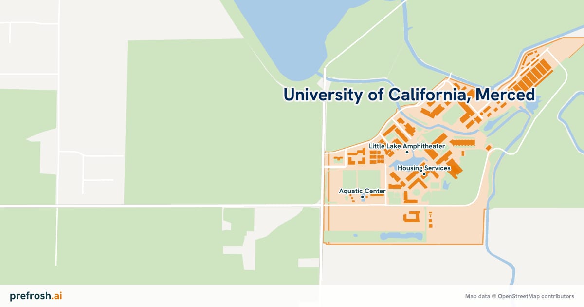 Campus map of University of California, Merced in Merced, CA, showing Little Lake Amphitheater, Housing Services and Kolligian Library, with nearby restaurants, coffee and shops