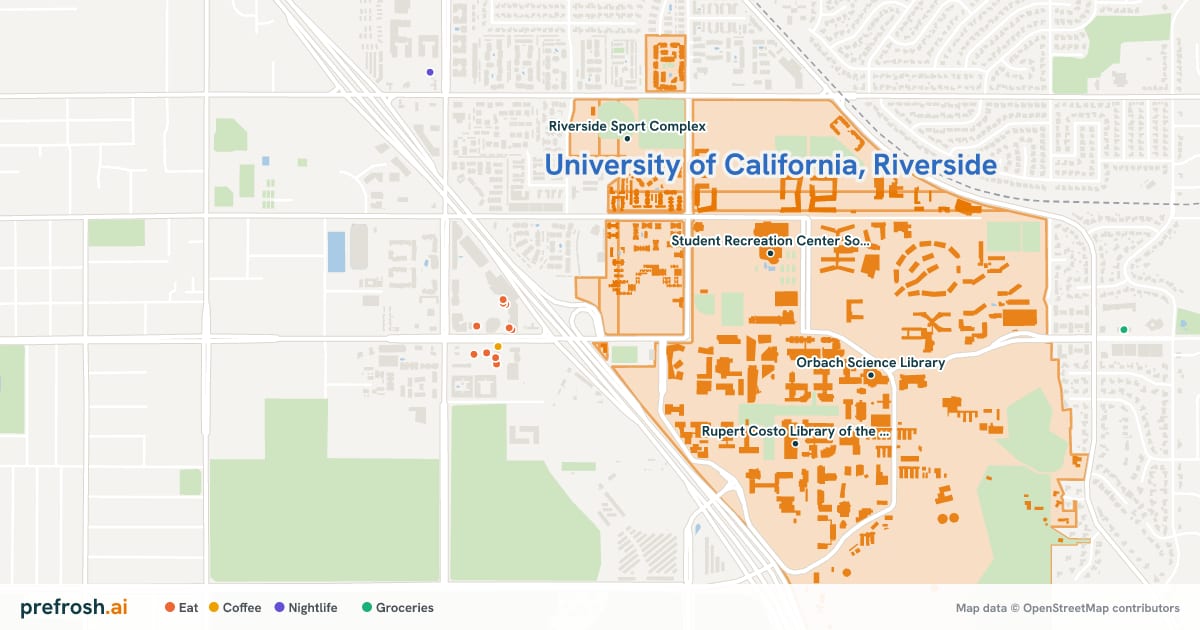 Campus map of University of California, Riverside in Riverside, CA, showing Student Recreation Center South, Student Recreation Center North, Orbach Science Library and Rupert Costo Library of the American Indian, with nearby restaurants, coffee and shops