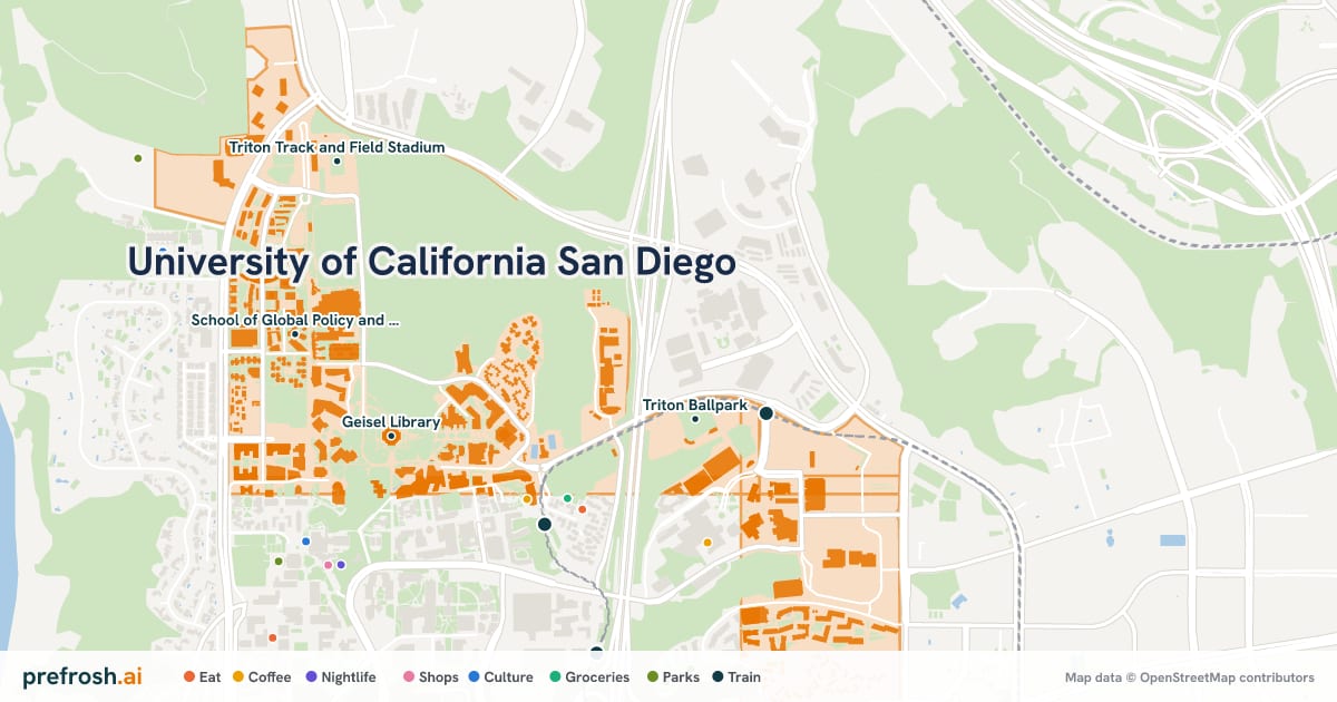 Campus map of University of California San Diego in La Jolla, CA, showing Geisel Library, RIMAC Arena, School of Global Policy and Strategy and Canyonview Aquatic Center, with nearby restaurants, coffee and shops