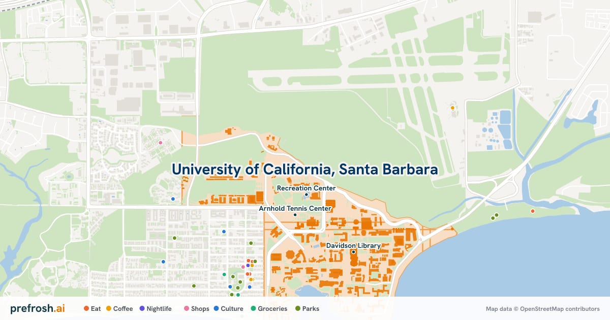 Campus map of University of California, Santa Barbara in Santa Barbara, CA, showing Recreation Center, Arnhold Tennis Center and Robertson Gymnasium, with nearby restaurants, coffee and shops