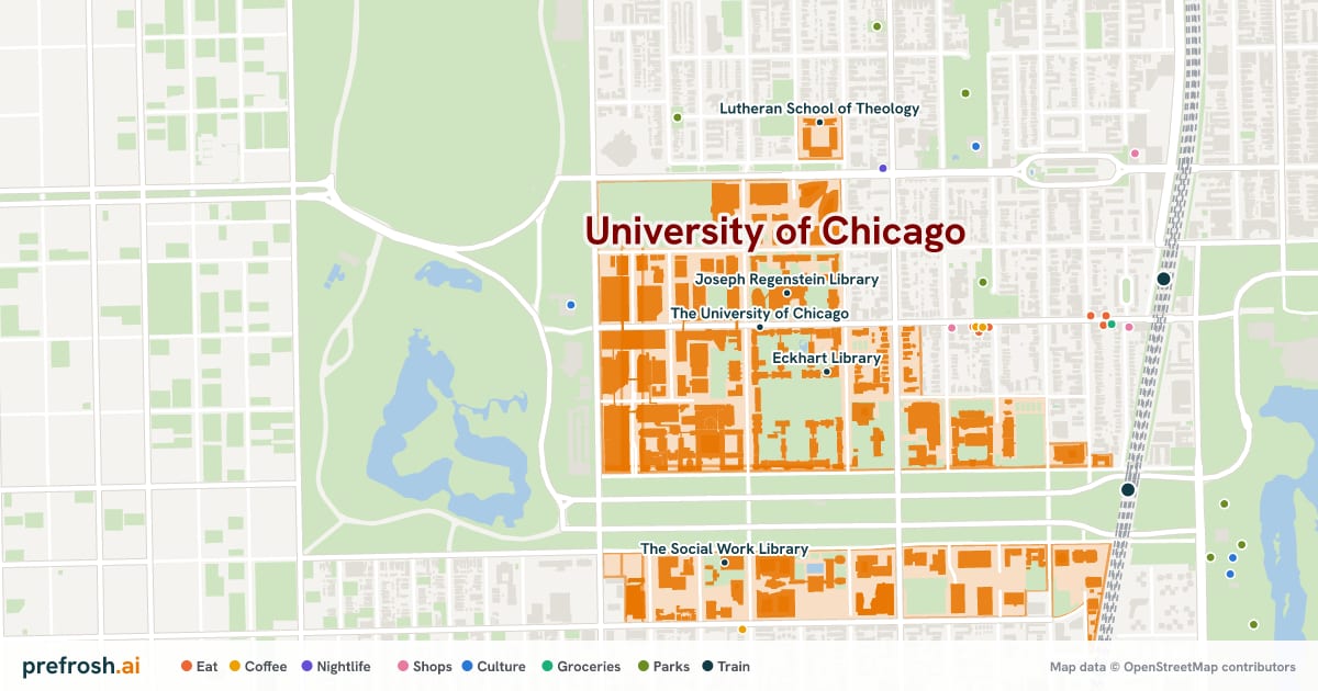 Campus map of University of Chicago in Chicago, IL, showing The University of Chicago, Special Collections Research Center, Joe and Rika Mansueto Library and Joseph Regenstein Library, with nearby restaurants, coffee and shops