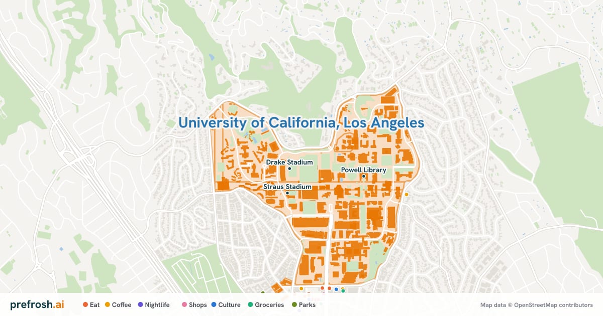 Campus map of University of California, Los Angeles in Los Angeles, CA, showing Drake Stadium, Wallis Annenberg Stadium and Straus Stadium, with nearby restaurants, coffee and shops