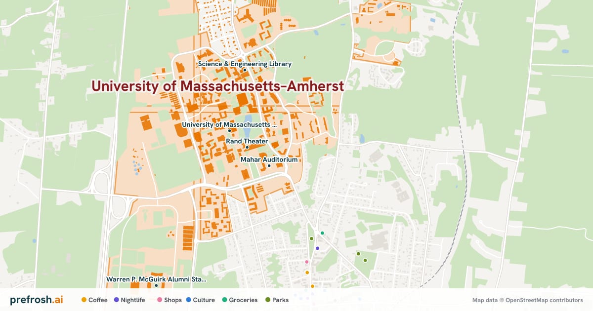 Campus map of University of Massachusetts–Amherst in Amherst, MA, showing University of Massachusetts Amherst, Rand Theater, W.E.B. Du Bois Library and Mullins Center, with nearby restaurants, coffee and shops