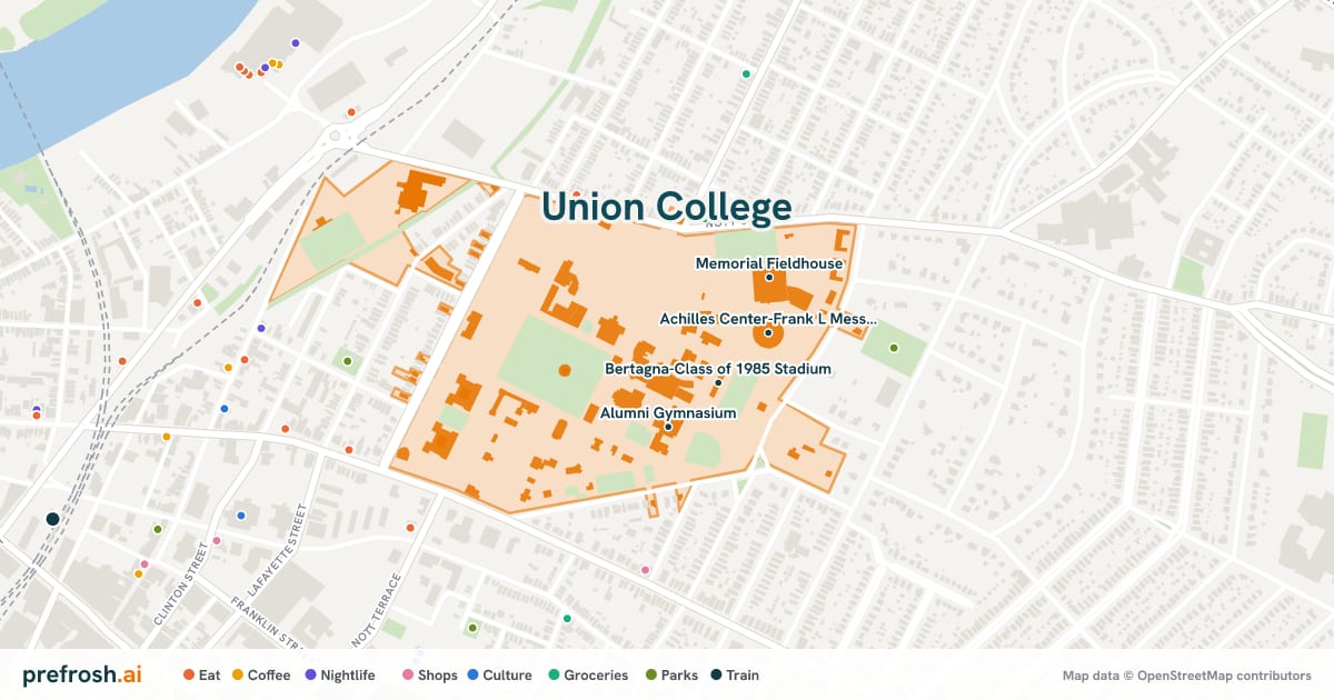 Campus map of Union College in Schenectady, NY, showing Bertagna-Class of 1985 Stadium, Schaffer Library, Alumni Gymnasium and Achilles Center-Frank L Messa Rink, with nearby restaurants, coffee and shops