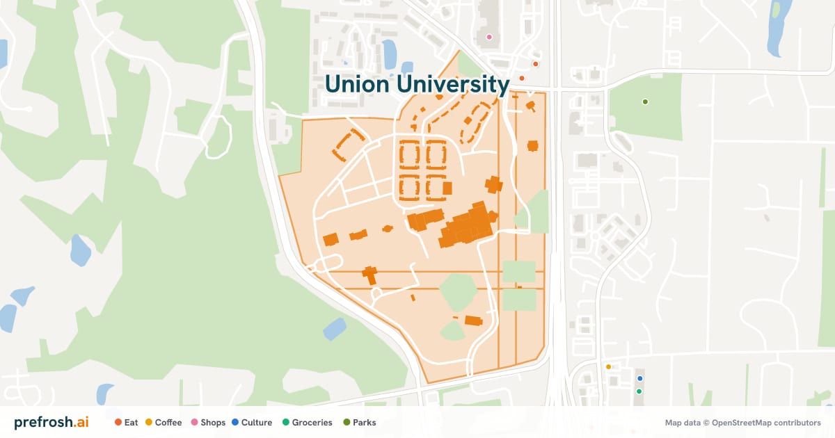 Campus map of Union University in Jackson, TN, with nearby restaurants, coffee and shops
