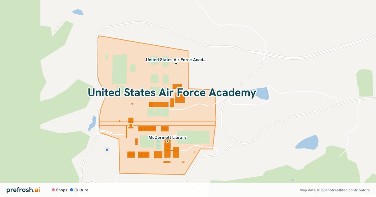 Campus map of United States Air Force Academy in Colorado Springs, CO, showing Clune Arena and Holiday Athletic Center, with nearby restaurants, coffee and shops