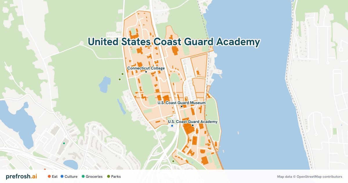 Campus map of United States Coast Guard Academy in New London, CT, showing U.S. Coast Guard Museum, U.S. Coast Guard Academy Library and Connecticut College, with nearby restaurants, coffee and shops