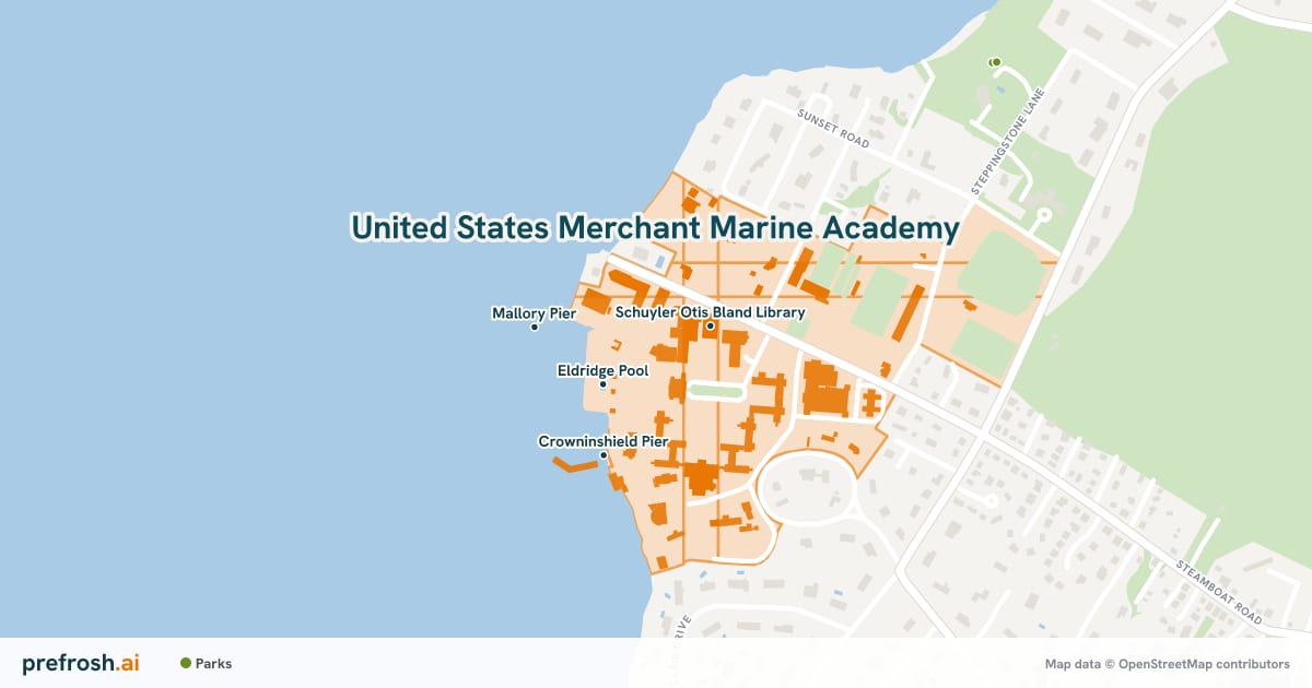 Campus map of United States Merchant Marine Academy in Kings Point, NY, showing Schuyler Otis Bland Library, Eldridge Pool, Ackerman Auditorium and Mallory Pier, with nearby restaurants, coffee and shops