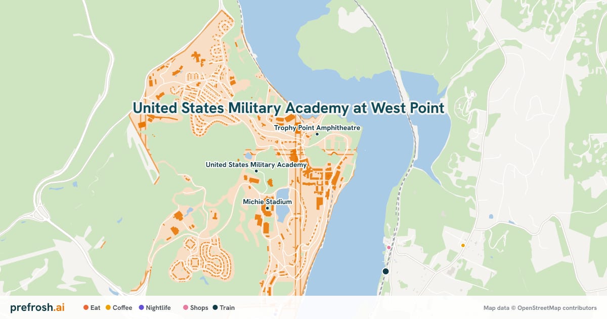 Campus map of United States Military Academy at West Point in West Point, NY, showing Eisenhower Hall, Gillis Field House and Tronsrue Marksmanship Center, with nearby restaurants, coffee and shops