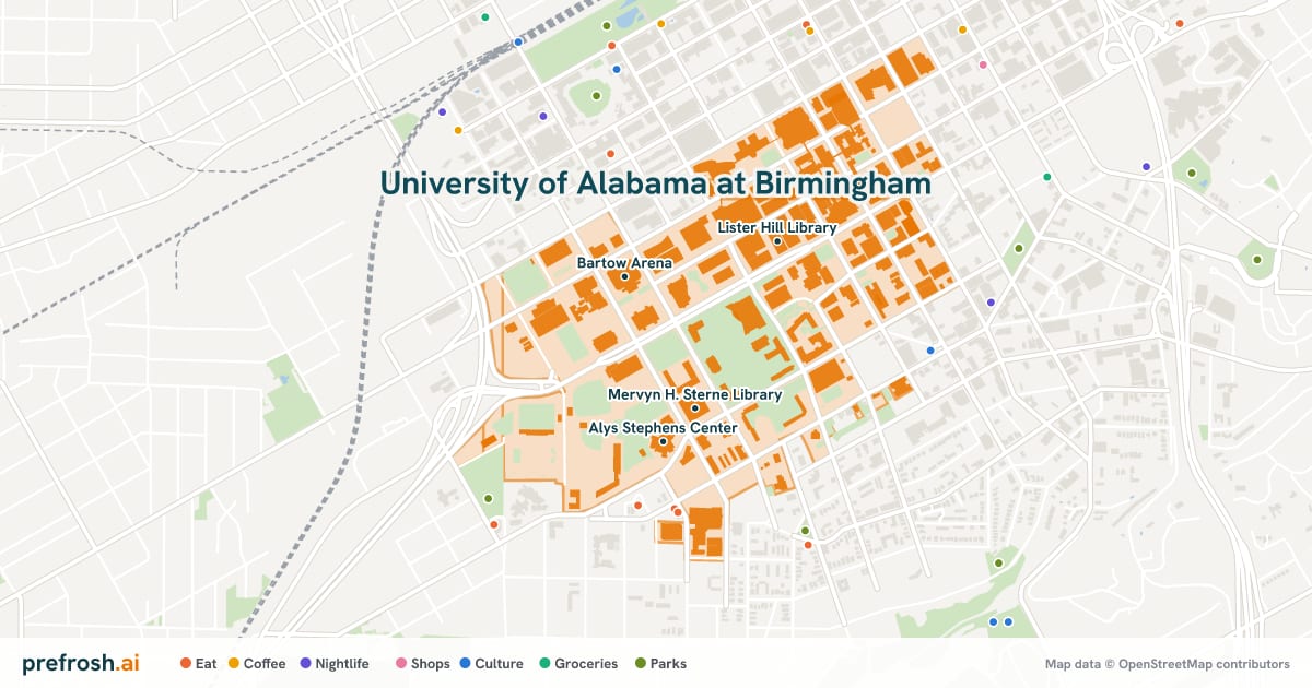 Campus map of University of Alabama at Birmingham in Birmingham, AL, showing Bartow Arena, Mervyn H. Sterne Library, Physical Education Building and Alys Stephens Center, with nearby restaurants, coffee and shops