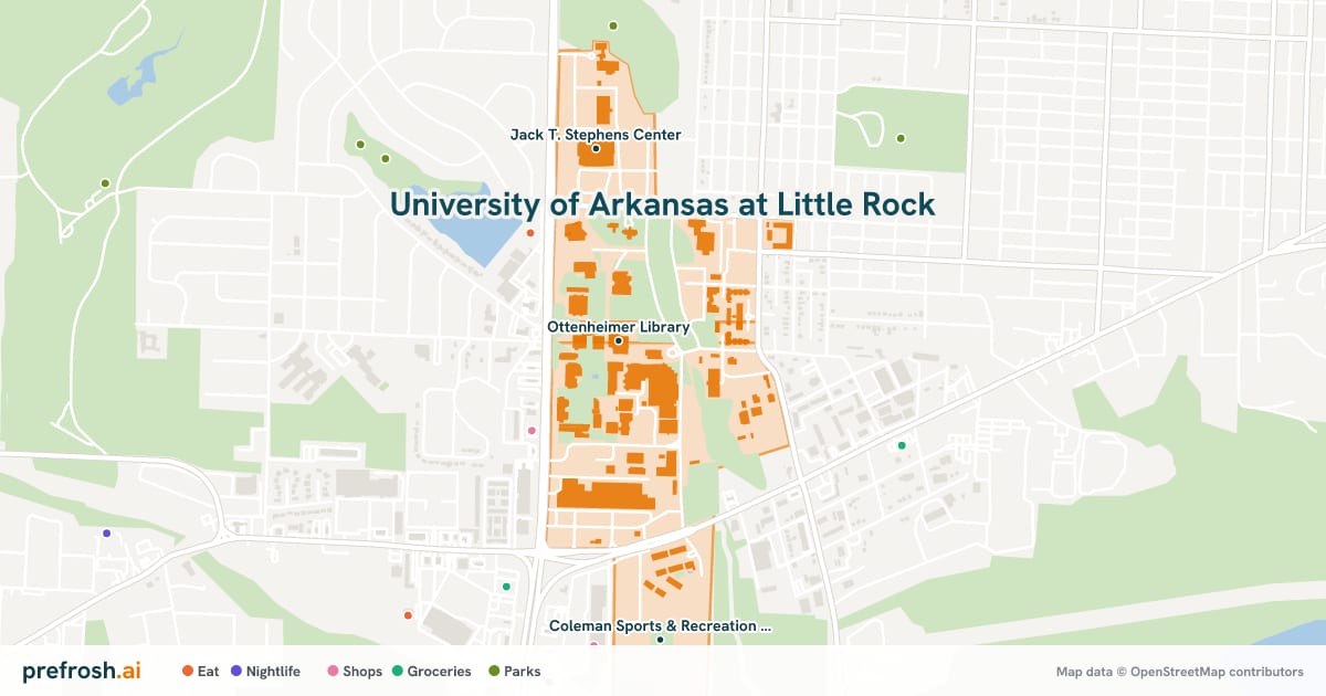 Campus map of University of Arkansas at Little Rock in Little Rock, AR, showing Ottenheimer Library, World Services for the Blind and Jack T. Stephens Center, with nearby restaurants, coffee and shops